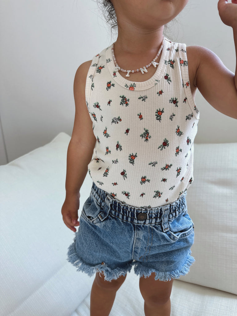 Marta Floral Ribbed Tank Top White - Sun Peony Coconut