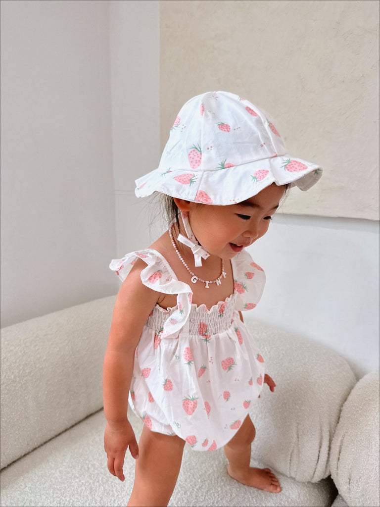 Strawberry Summer Babygirl Romper + Hat - Sun Peony Coconut