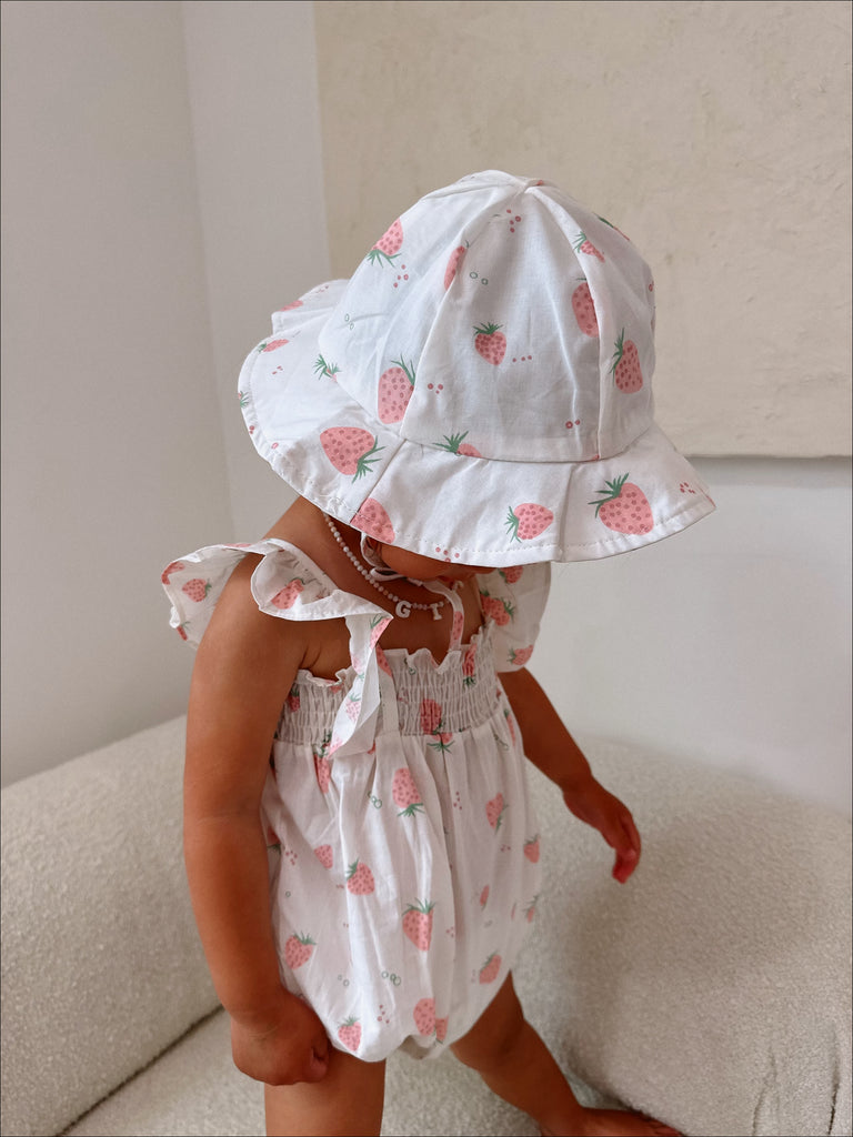 Strawberry Summer Babygirl Romper + Hat - Sun Peony Coconut