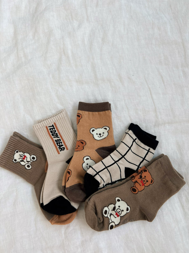 Teddy Bear Unisex Socks Set (5 pairs) - Sun Peony Coconut